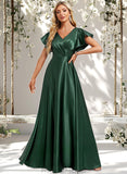 Sadie A-line V-Neck Floor-Length Stretch Satin Bridesmaid Dress With Ruffle STAP0025773