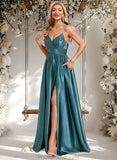 Shannon A-line V-Neck Floor-Length Stretch Satin Bridesmaid Dress STAP0025786