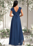 Jillian A-line V-Neck Asymmetrical Chiffon Bridesmaid Dress With Ruffle STAP0025733