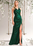 Jacey A-line V-Neck Floor-Length Stretch Satin Bridesmaid Dress STAP0025746