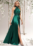 Nevaeh A-line Halter Floor-Length Stretch Satin Bridesmaid Dress With Ruffle STAP0025817