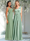 Rachael A-line V-Neck Floor-Length Stretch Satin Bridesmaid Dress With Bow STAP0025737