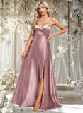 Daniella A-line V-Neck Floor-Length Stretch Satin Bridesmaid Dress STAP0025822