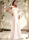 Aleena A-line V-Neck Floor-Length Stretch Satin Bridesmaid Dress With Bow STAP0025759