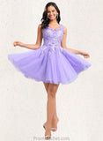 Janiah Ball-Gown/Princess V-Neck Short Lace Tulle Homecoming Dress With Flower STAP0025656