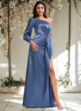 Janelle A-line One Shoulder Floor-Length Stretch Satin Bridesmaid Dress With Bow STAP0025730