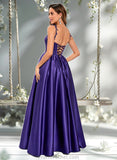 Kira Ball-Gown/Princess Scoop Floor-Length Satin Prom Dresses With Appliques Lace Beading STAP0025865