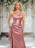 Salma A-line One Shoulder Floor-Length Stretch Satin Bridesmaid Dress With Ruffle STAP0025768