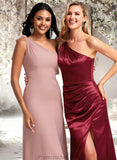 Breanna A-line One Shoulder Floor-Length Stretch Satin Bridesmaid Dress With Bow STAP0025758