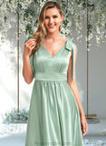 Rachael A-line V-Neck Floor-Length Stretch Satin Bridesmaid Dress With Bow STAP0025737