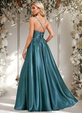 Shannon A-line V-Neck Floor-Length Stretch Satin Bridesmaid Dress STAP0025786