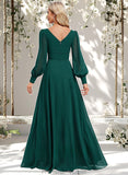 Leticia A-line V-Neck Floor-Length Chiffon Bridesmaid Dress STAP0025816