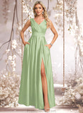 Michaelia A-line V-Neck Floor-Length Satin Prom Dresses STAP0025877