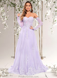 Rosa A-line Sweetheart Sweep Train Tulle Prom Dresses With Sequins Appliques Lace STAP0025856