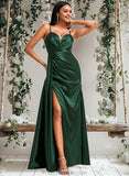 Delaney A-line V-Neck Floor-Length Stretch Satin Bridesmaid Dress STAP0025745