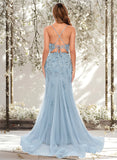 Genesis Trumpet/Mermaid Straight Sweep Train Tulle Prom Dresses With Flower STAP0025866