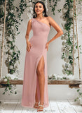 Marcie A-line One Shoulder Floor-Length Chiffon Bridesmaid Dress With Bow STAP0025748