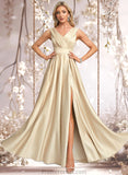 Michaelia A-line V-Neck Floor-Length Satin Prom Dresses STAP0025877