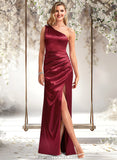 Breanna A-line One Shoulder Floor-Length Stretch Satin Bridesmaid Dress With Bow STAP0025758