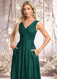 Michaelia A-line V-Neck Floor-Length Satin Prom Dresses STAP0025877