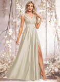 Michaelia A-line V-Neck Floor-Length Satin Prom Dresses STAP0025877