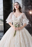 Ball Gown Wedding Dresses V Neck Half Sleeves Appliques Lace Up