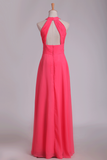 Scoop A Line Ruched Bodice Bridesmaid Dresses Chiffon Floor