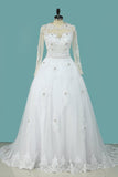 A Line Scoop Wedding Dresses Long Sleeves Tulle With Applique & Beading Detachable Skirt Chapel