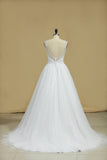 A Line Bateau Open Back Beaded Bodice Tulle Court Train Wedding Dresses