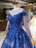 Sheer Scoop Neck Long Sleeve Ball Gown Prom Dresses With Beaded Applique