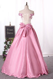 New Arrival Prom Dresses Off The Shoulder Satin With Appliques And Handmade