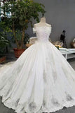 New Arrival Satin Boat Neck Wedding Dresses Lace Up With Appliques And