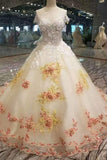 Luxury Floral Scoop Neck Tulle Wedding Dresses Lace Up With Appliques