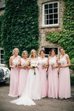 A Line Pink One Shoulder Chiffon Long Simple Bridesmaid Dresses, Wedding Party Dresses STA15552