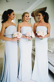 Charming Long Mermaid Light Sky Blue Strapless Elegant Bridesmaid Dresses With