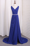 A Line Chiffon V Neck Bridesmaid Dresses With Beads And Slit