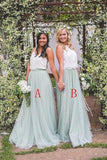 2 Pieces Tulle Ivroy And Mint Long Simple Cheap Elegant Bridesmaid Dresses STA15543