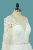 A Line Tulle V Neck Long Sleeves Wedding Dresses With Applique And Beads Sweep