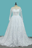 Lace Wedding Dresses Long Sleeves Scoop A Line With Applique And Beads Court