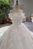 Luxurious Satin Wedding Dresses Lace Up Boat Neck With Appliques And