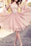 A Line Scoop Mid-Length Sleeves Homecoming Dresses Chiffon Knee