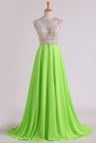 A Line Beaded Bodice Prom Dresses Scoop Chiffon & Tulle With Slit