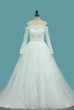 Boat Neck Tulle Wedding Dresses A Line With Applique And Beads Chapel