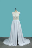 A Line Chiffon High Neck Wedding Dresses With Beads And Slit Sweep