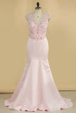 New Arrival V Neck Prom Dresses Beaded Bodice Satin Sweep