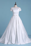 New Arrival Scoop Wedding Dresses A Line Short Sleeves Court Train