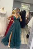 Spaghetti Straps New Arrival Tulle Beaded Long Evening Party Dresses A line Prom Dresses