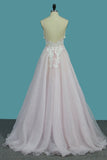 A Line Organza Spaghetti Straps Wedding Dresses With Applique And Beads Open