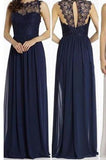 Round Neckline Illusion Lace Top Chiffon A-line Popular Open Back Bridesmaid Dresses