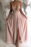 New Style Sexy Backless Long V-Neck Halter Sleeveless Simple Cheap Pink Prom Dresses